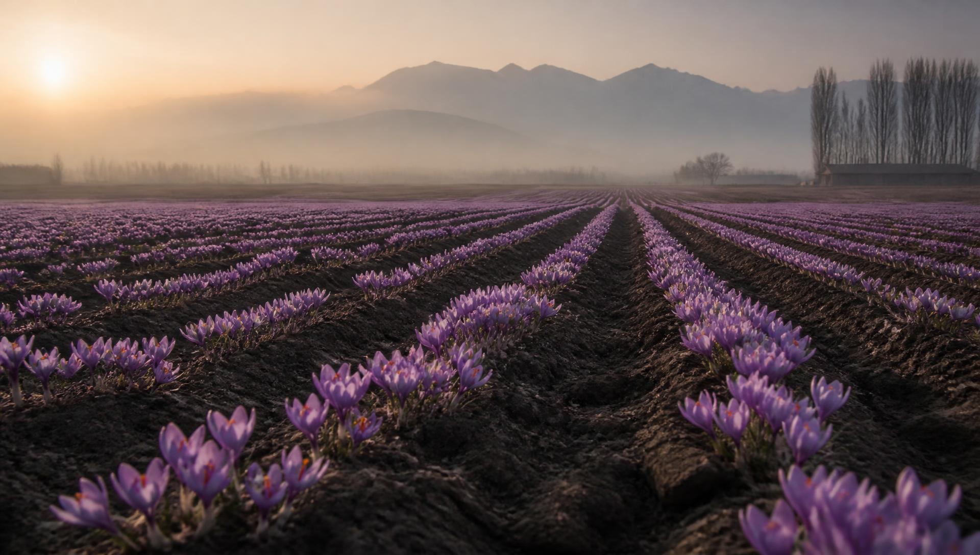 Saffron crocus rows at dawn on the karewa uplands near Pampore, Kashmir