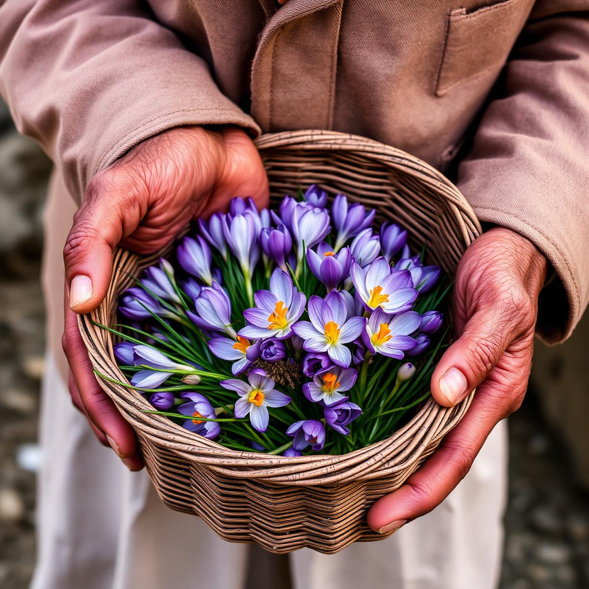 Hands holding freshly picked saffron crocus flowers in a basket